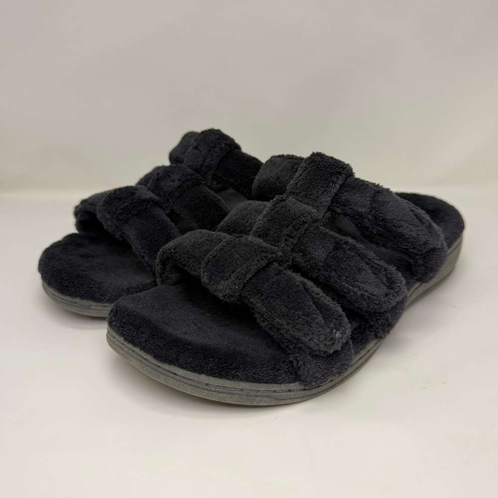 Womens Vionic SNOOZE Terry Cloth Black Orthotic Adjustable Slide Slippers Size 8
